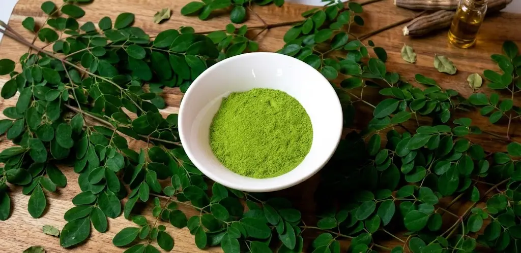 Moringa leaf powder in white bowl surrounded by fresh green moringa leaves